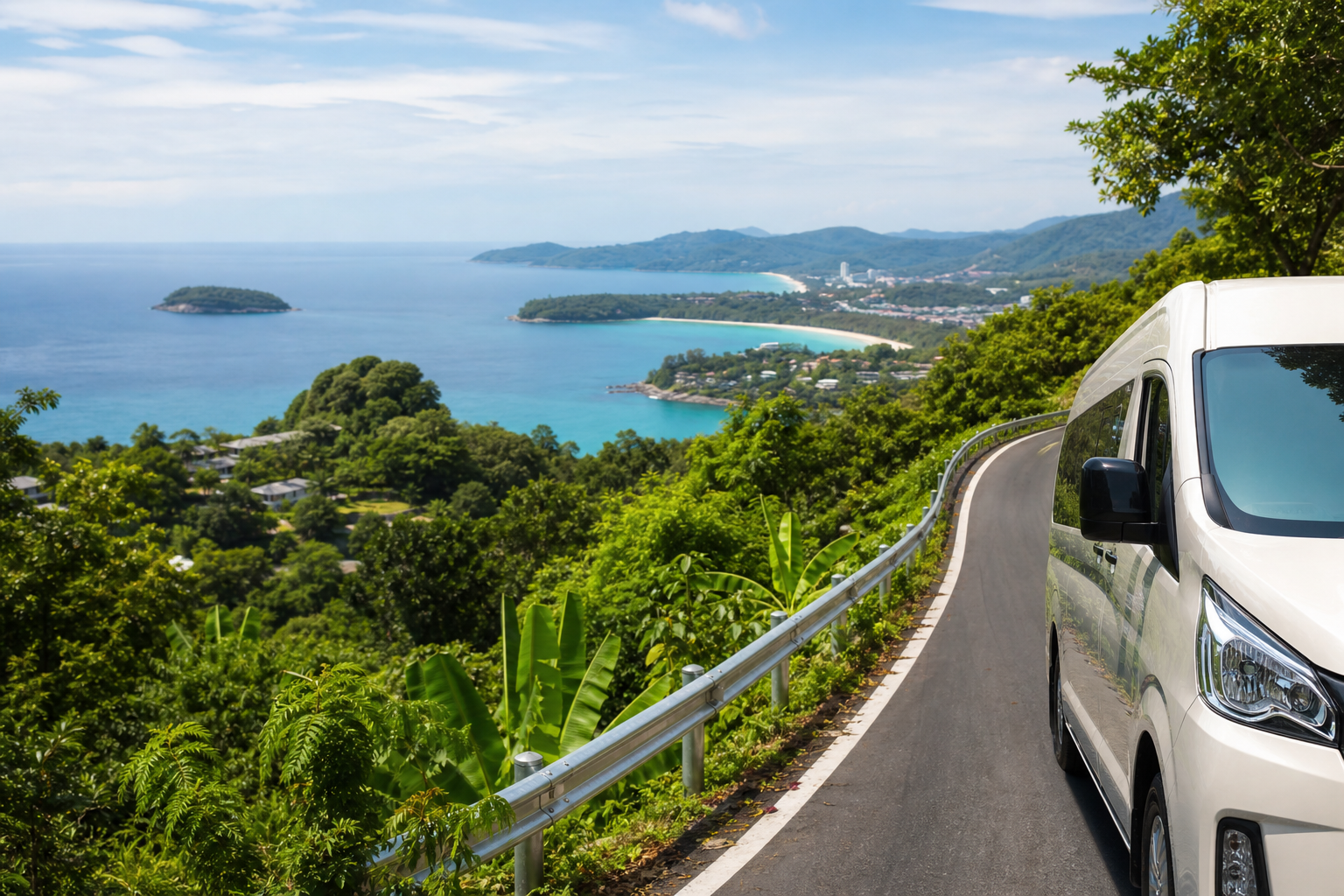 Phuket coastal viewpoint with sea and green hills on a private van route