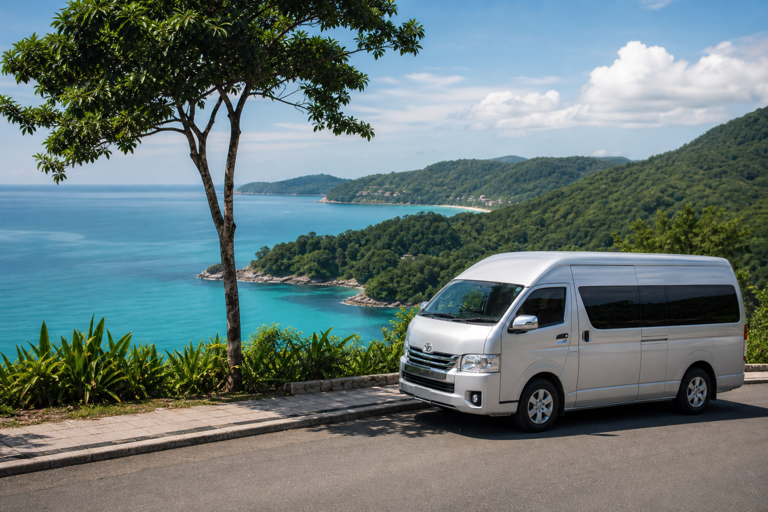 Phuket coastal viewpoint with sea and green hills on a private van route