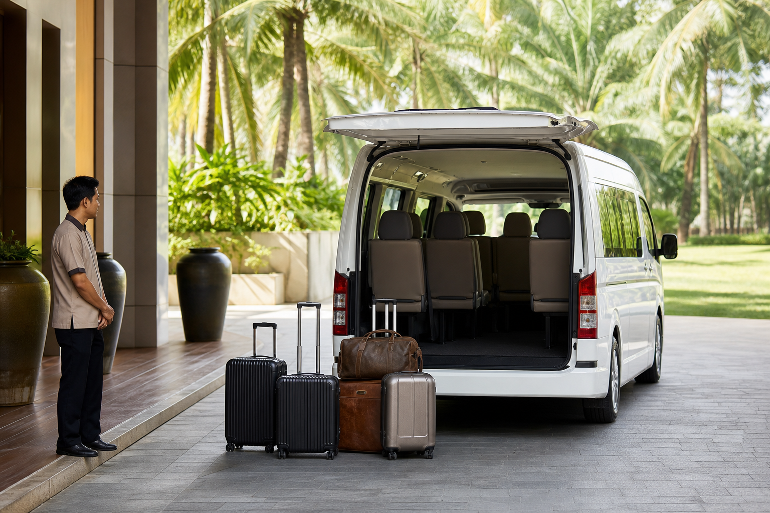 Hotel pickup luggage beside a private van during a Phuket route day