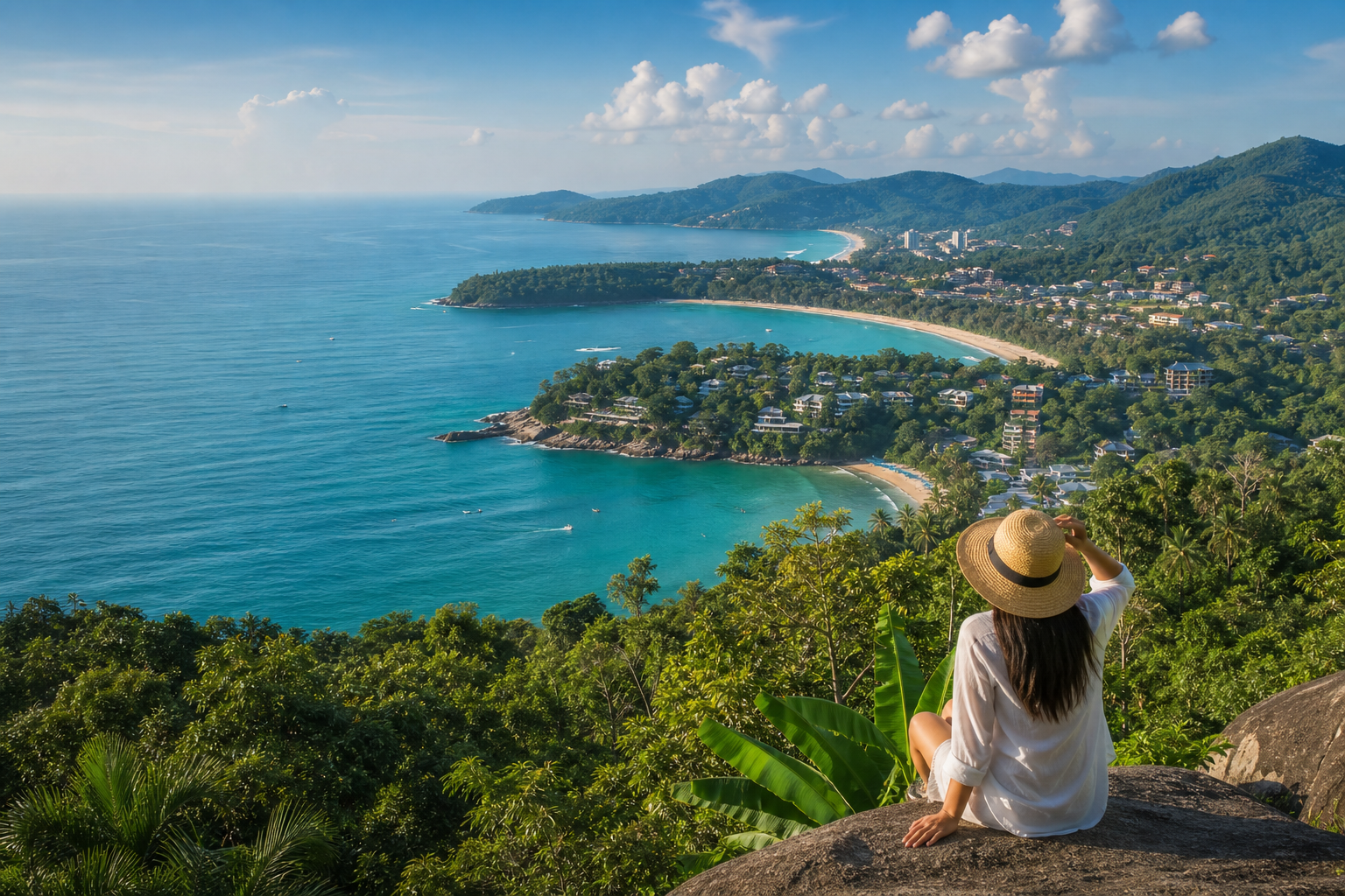 Phuket coastal viewpoint with sea and green hills on a private van route