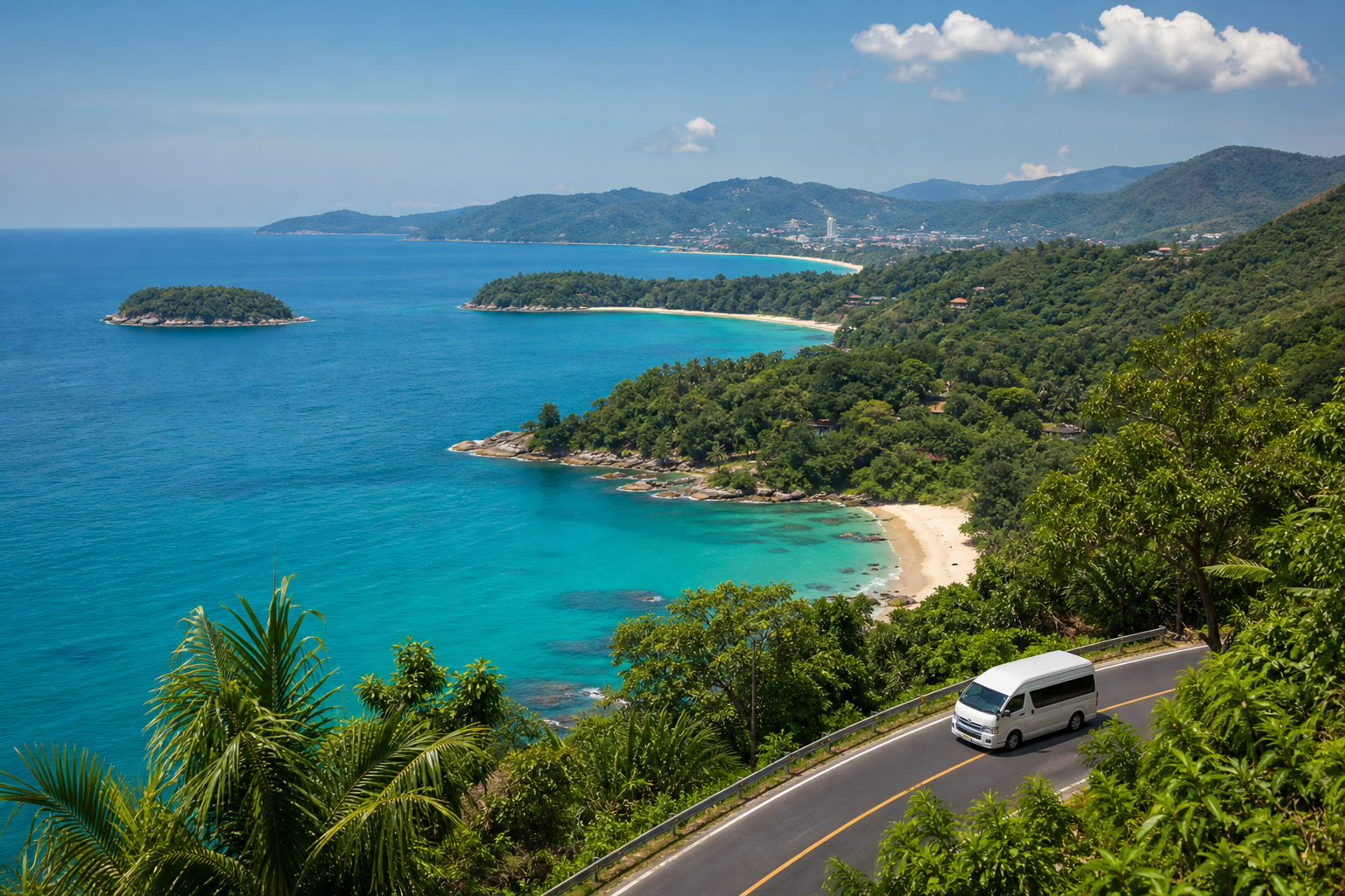 Phuket coastal viewpoint with sea and green hills on a private van route