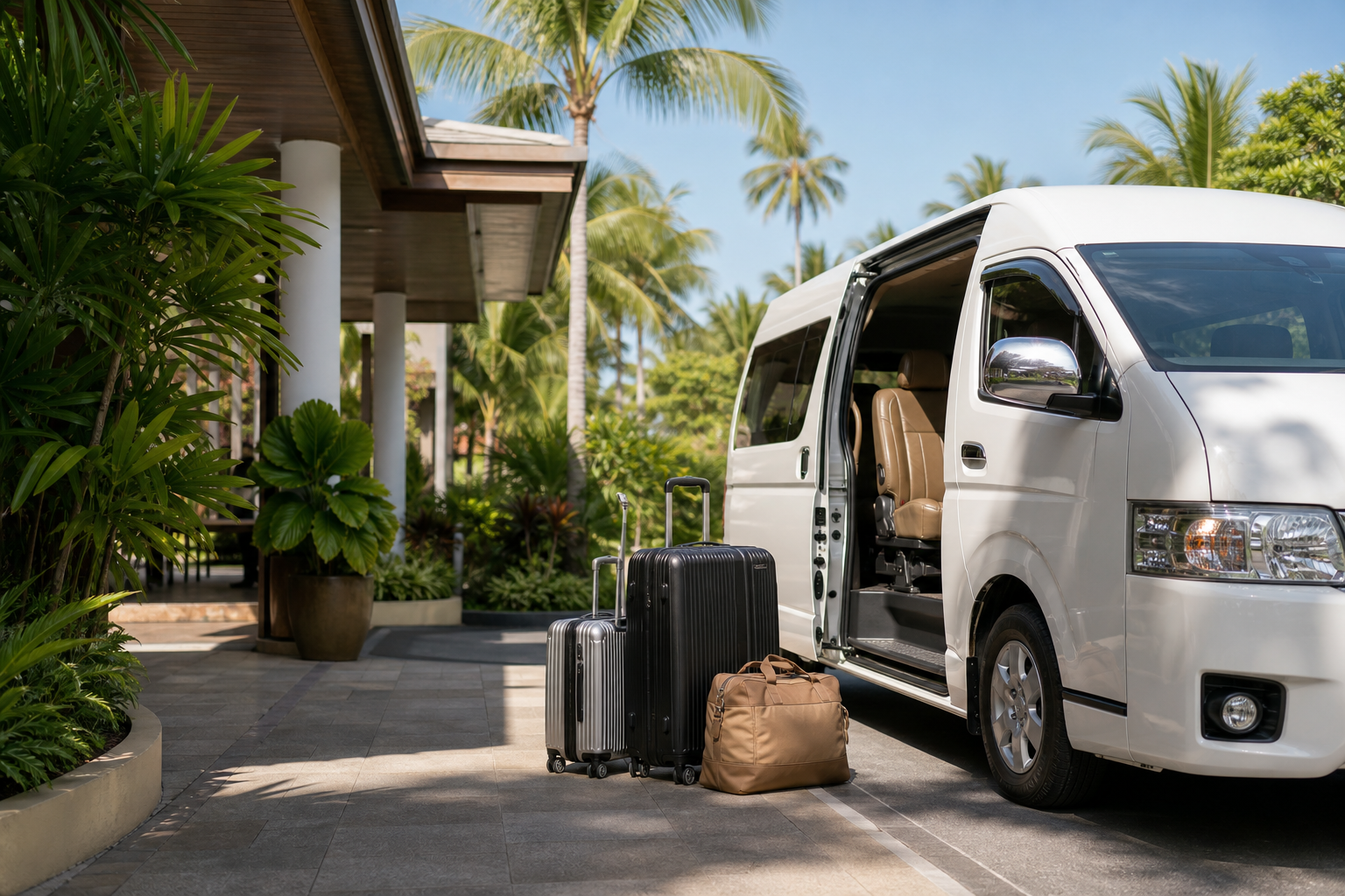 Hotel pickup luggage beside a private van during a Phuket route day