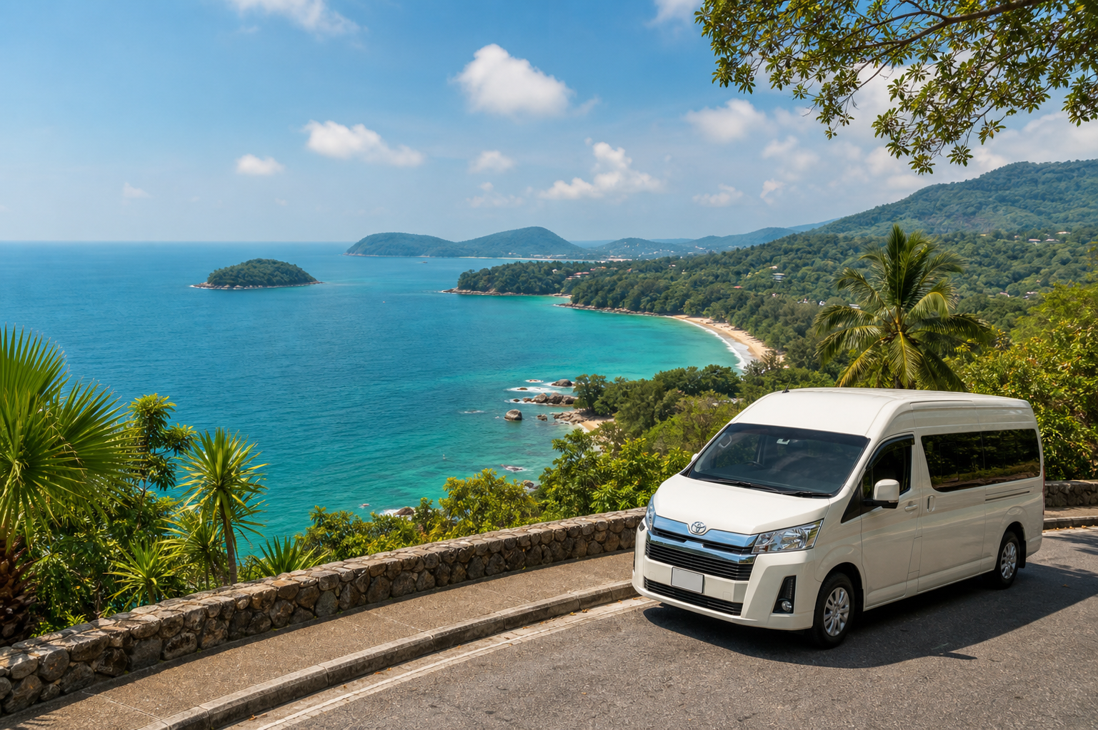 Phuket coastal viewpoint with sea and green hills on a private van route