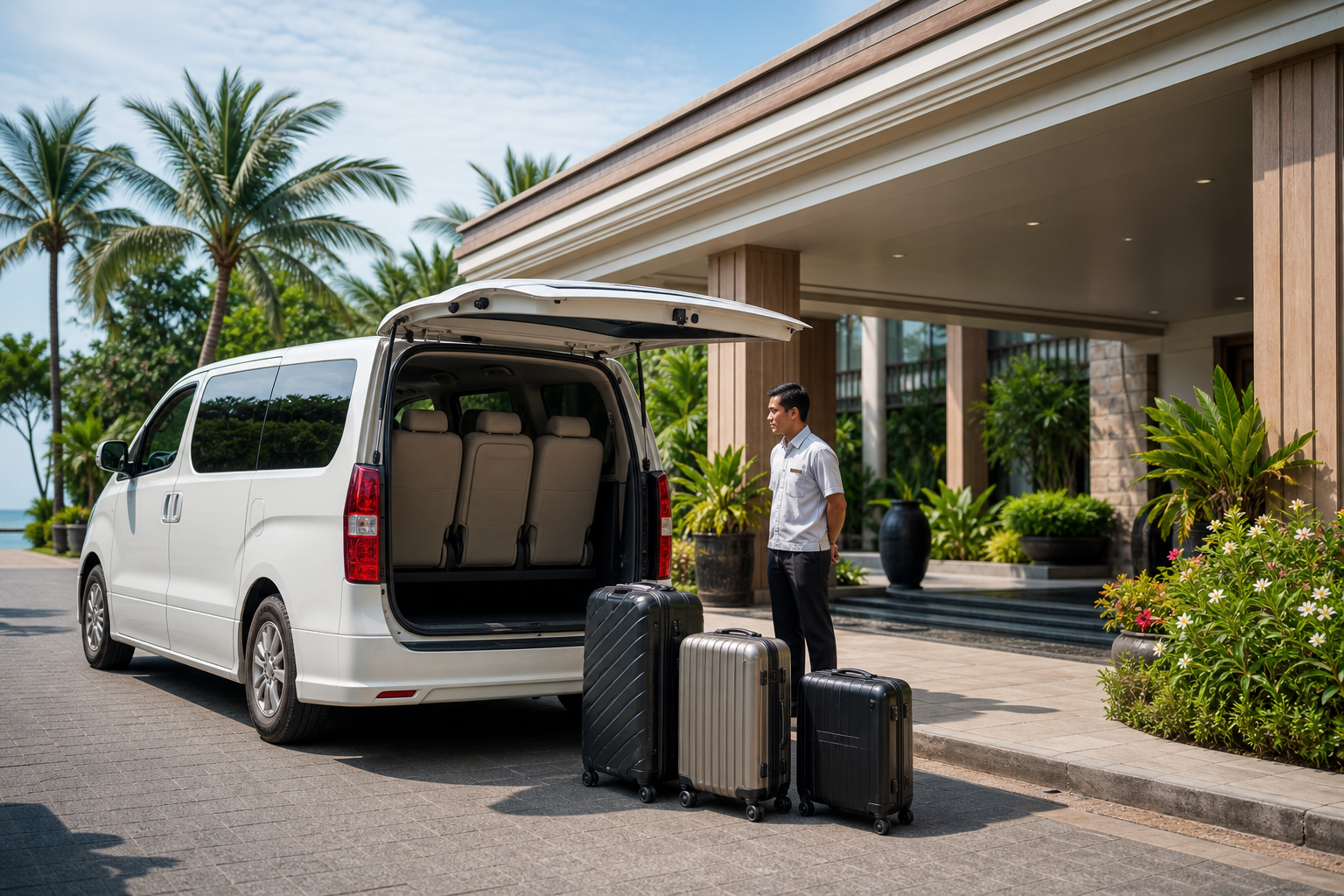 Hotel pickup luggage beside a private van during a Phuket route day