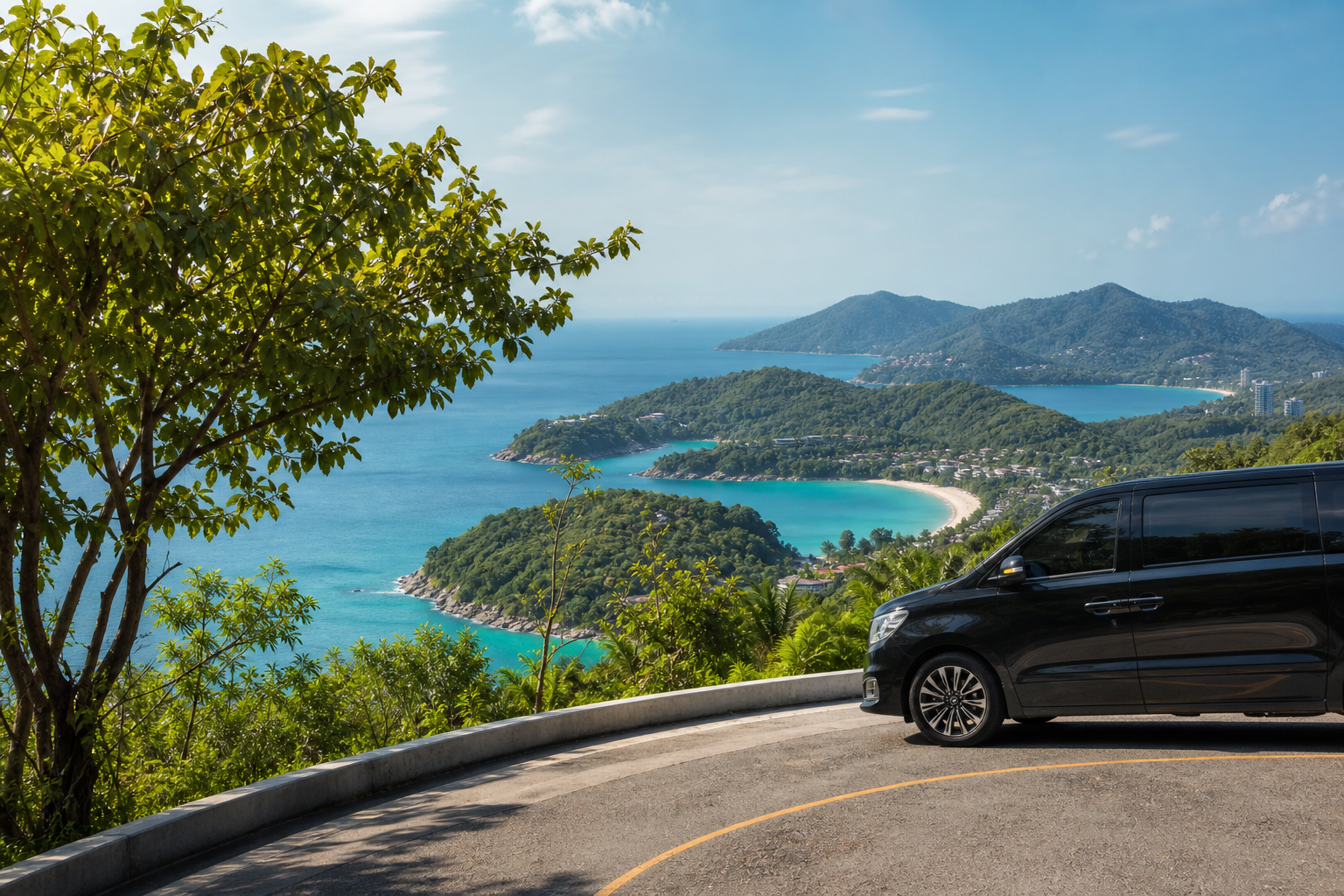 Phuket coastal viewpoint with sea and green hills on a private van route