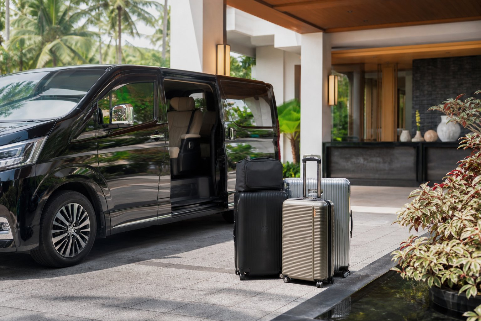 Hotel pickup luggage beside a private van during a Phuket route day