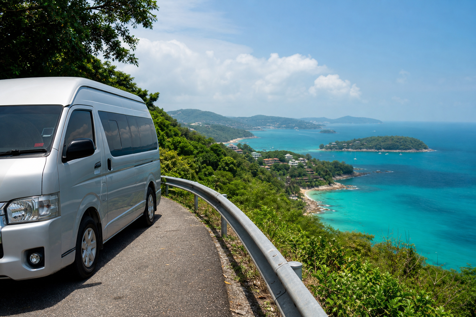 Phuket coastal viewpoint with sea and green hills on a private van route