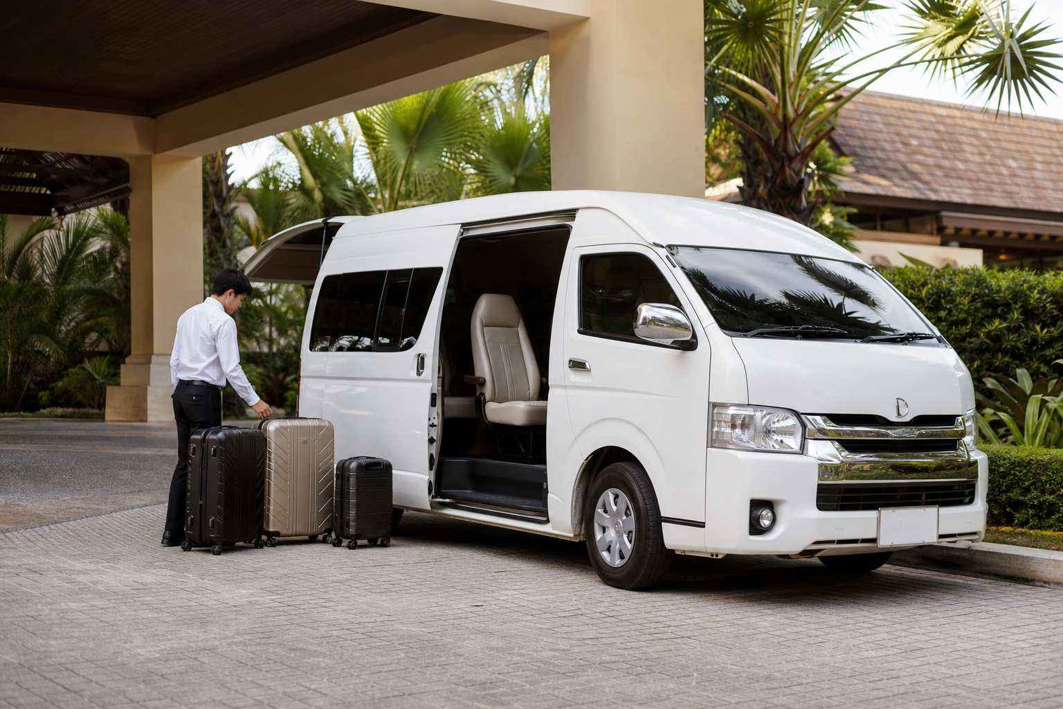 Hotel pickup luggage beside a private van during a Phuket route day