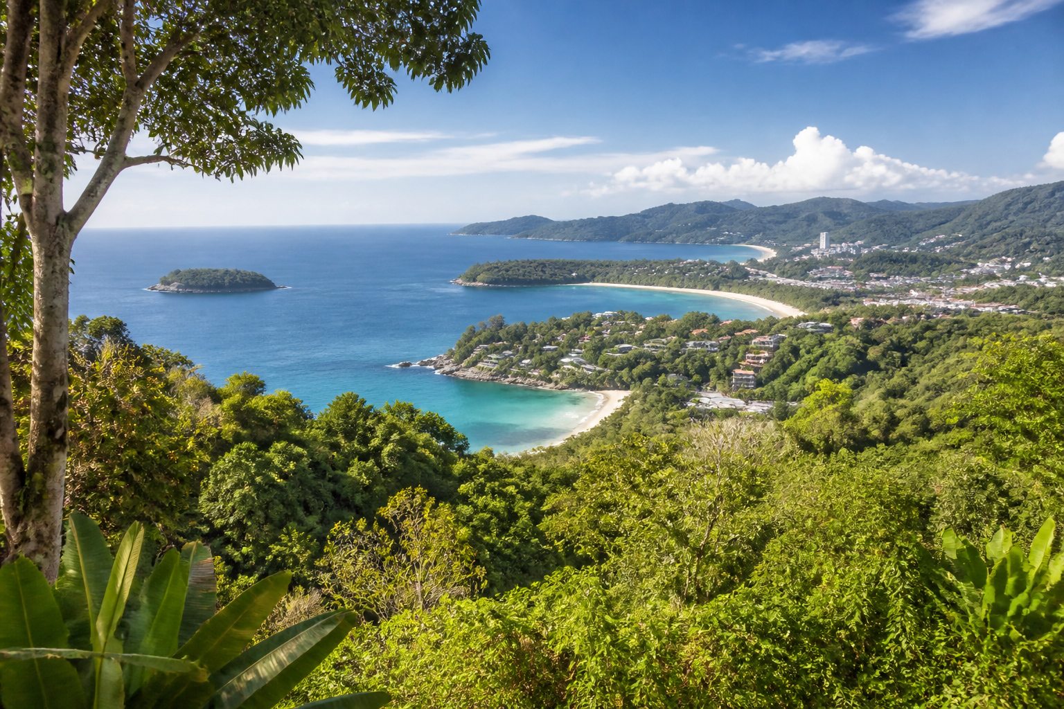 Phuket coastal viewpoint with sea and green hills on a private van route