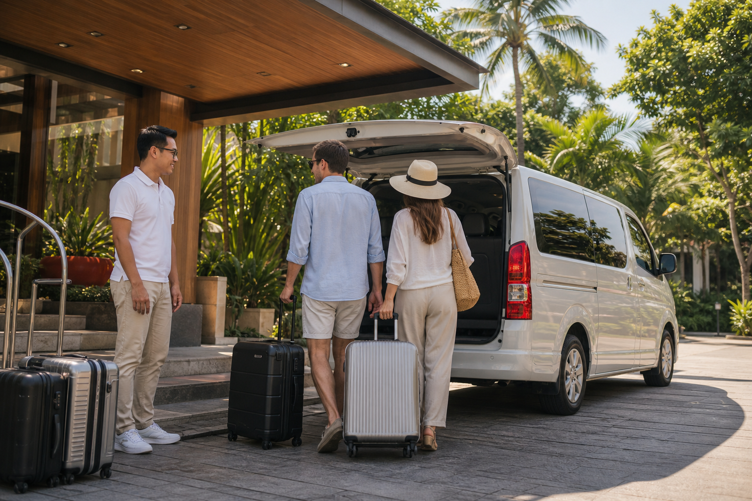 Hotel pickup luggage beside a private van during a Phuket route day