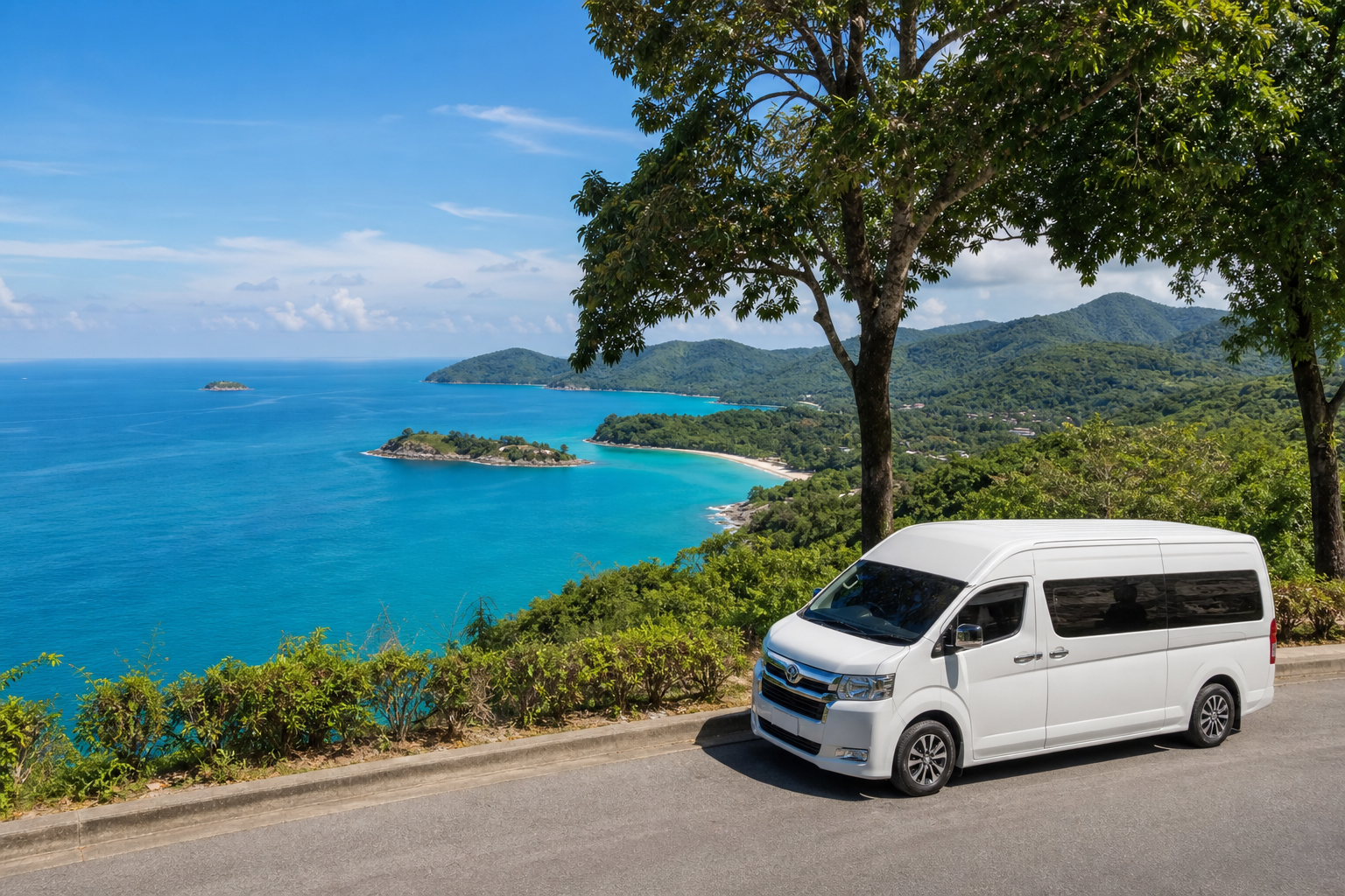 Phuket coastal viewpoint with sea and green hills on a private van route