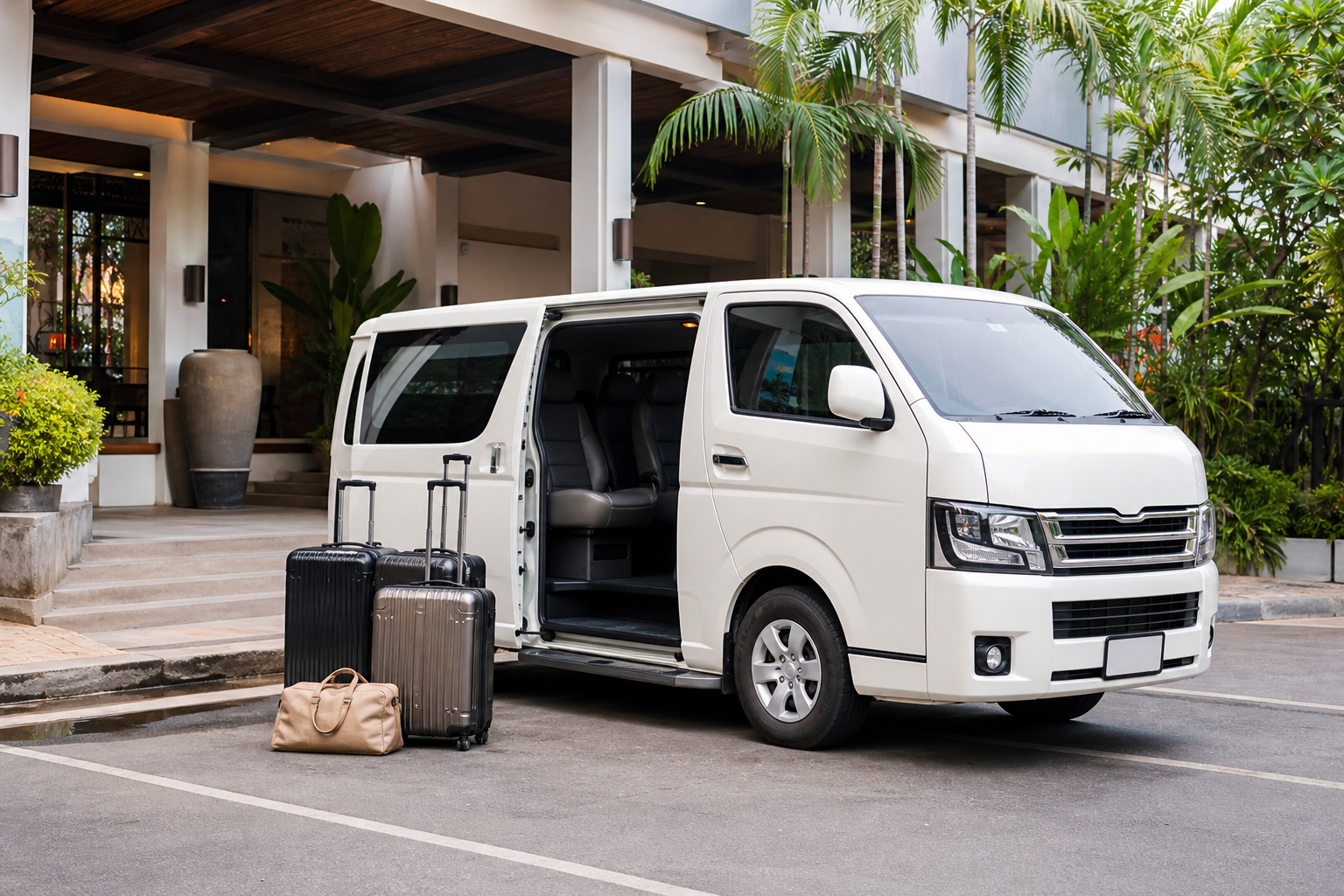 Hotel pickup luggage beside a private van during a Phuket route day
