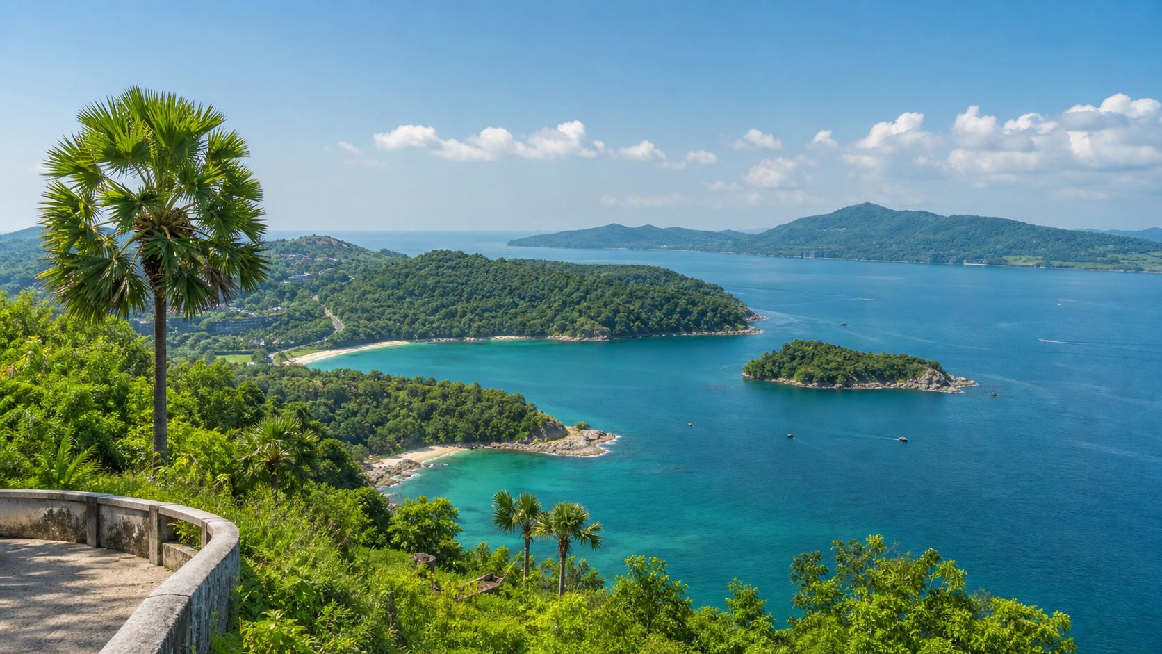 Phuket coastal viewpoint with sea and green hills on a private van route