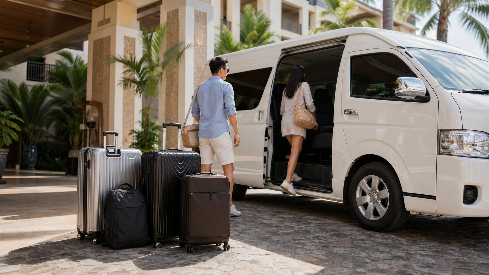Hotel pickup luggage beside a private van during a Phuket route day