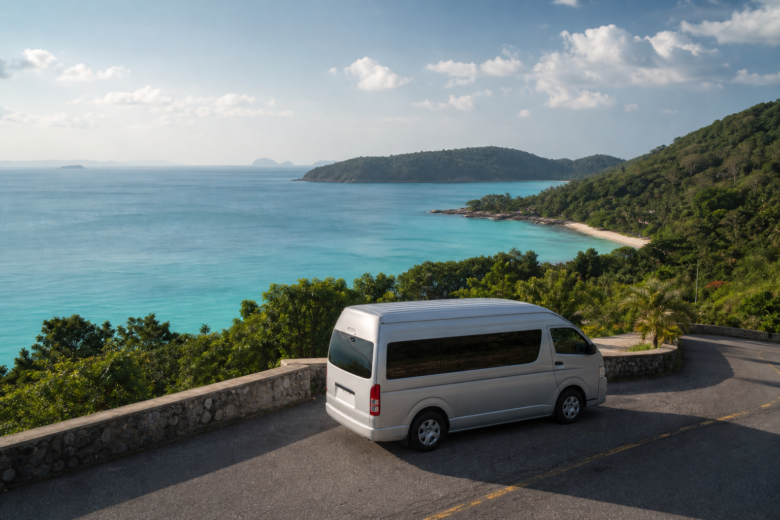 Phuket coastal viewpoint with sea and green hills on a private van route