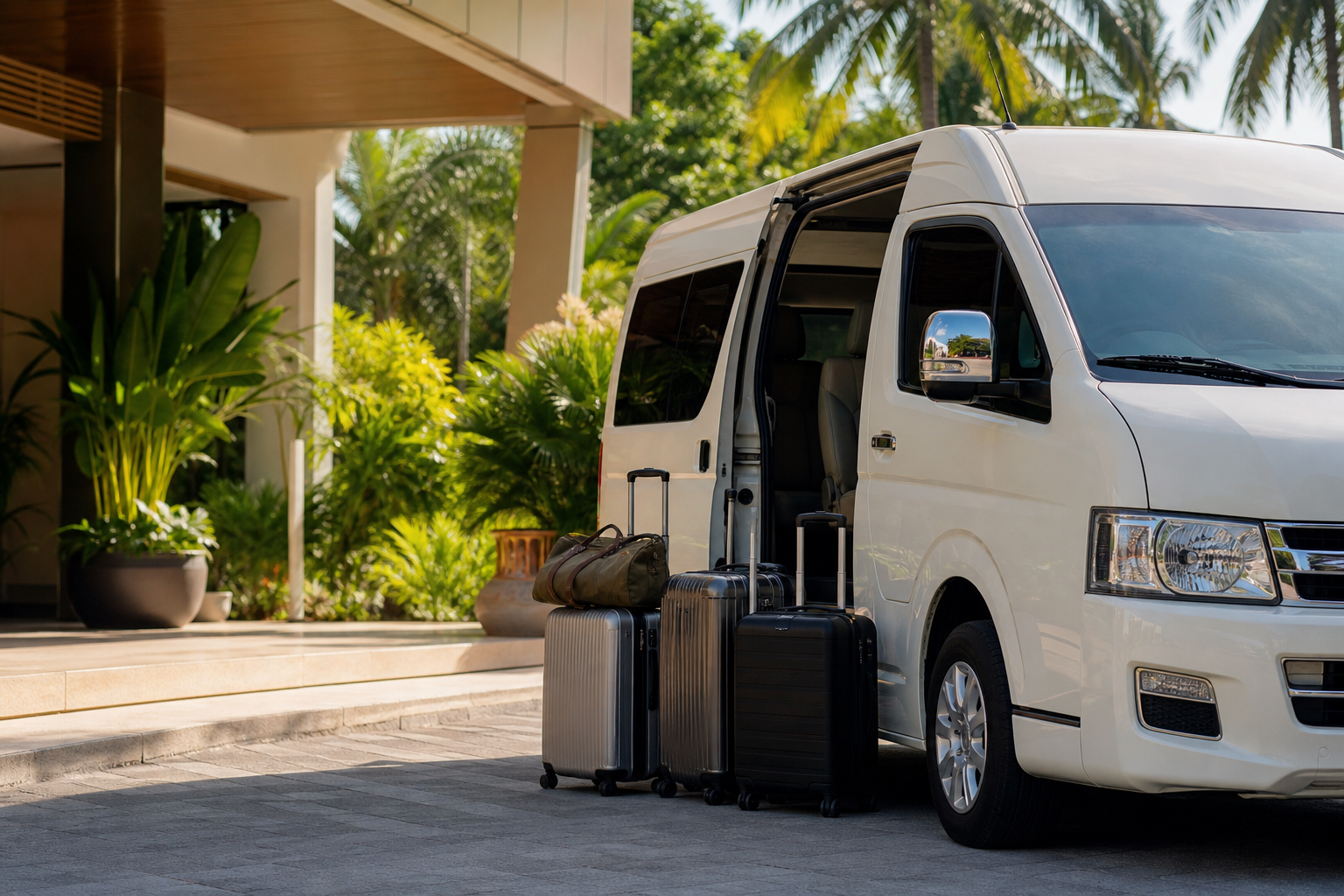 Hotel pickup luggage beside a private van during a Phuket route day