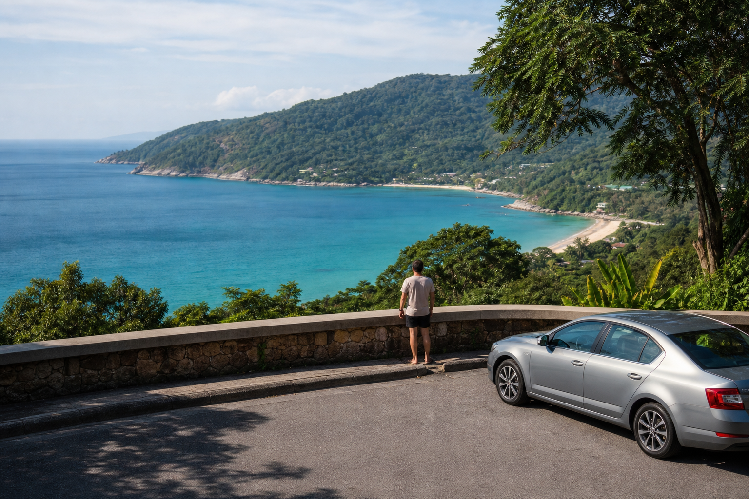 Phuket coastal viewpoint with sea and green hills on a private van route