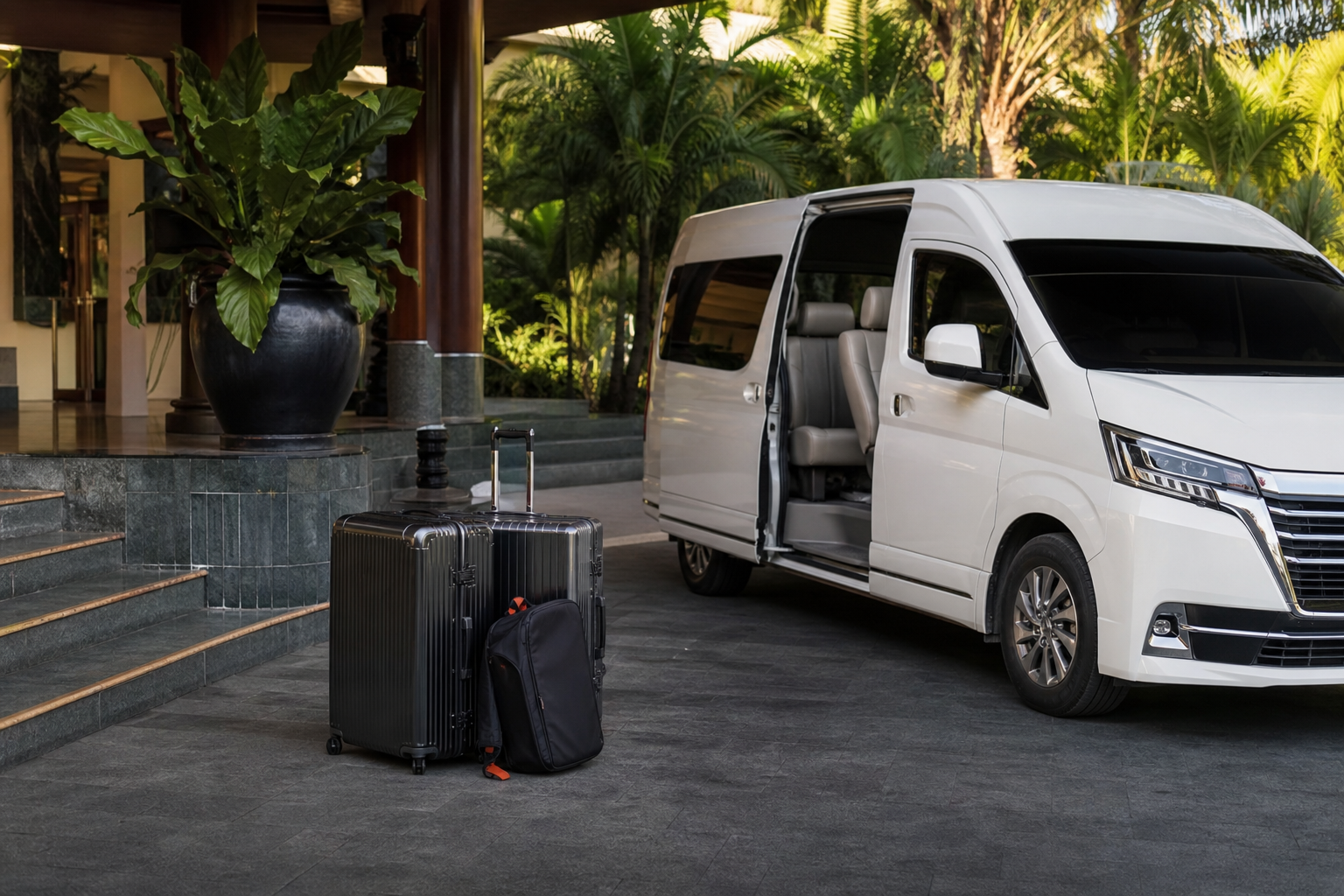 Hotel pickup luggage beside a private van during a Phuket route day