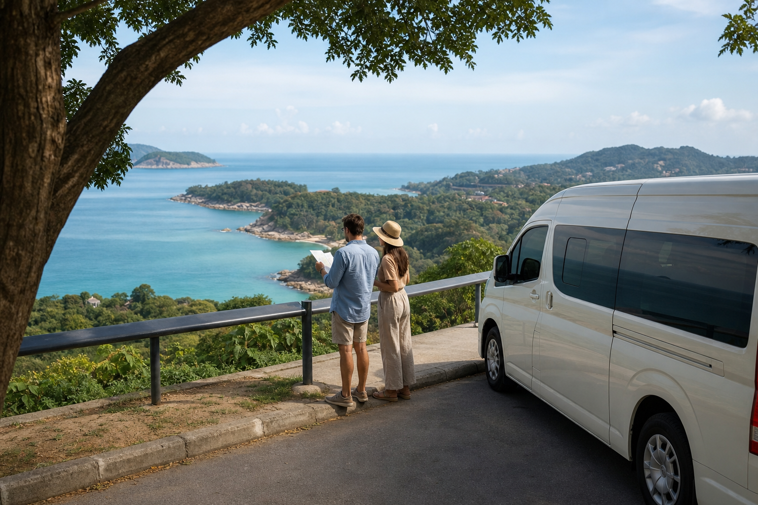 Phuket coastal viewpoint with sea and green hills on a private van route