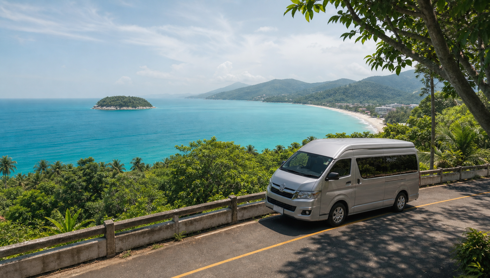 Phuket coastal viewpoint with sea and green hills on a private van route