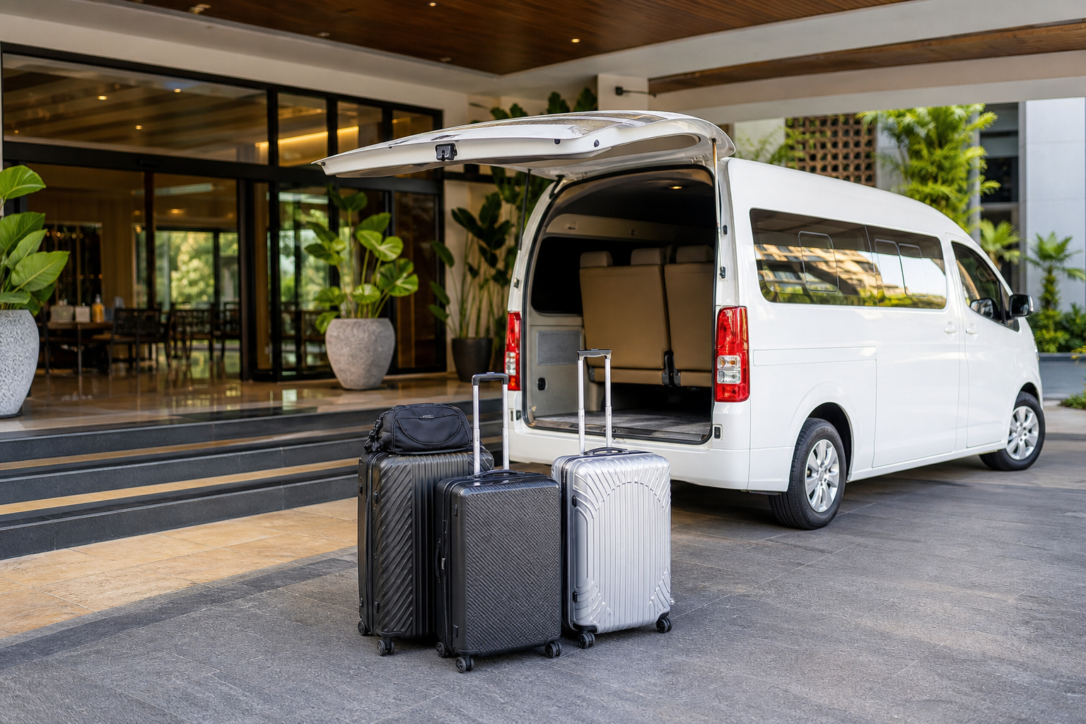 Hotel pickup luggage beside a private van during a Phuket route day