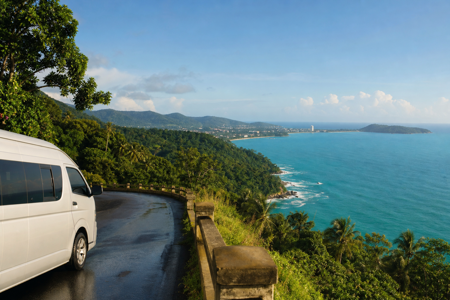 Phuket coastal viewpoint with sea and green hills on a private van route
