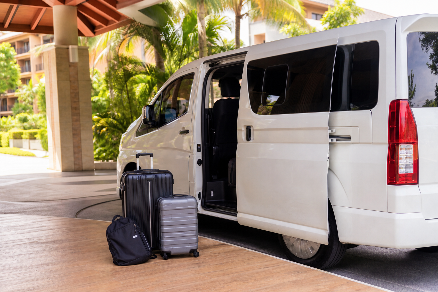 Hotel pickup luggage beside a private van during a Phuket route day