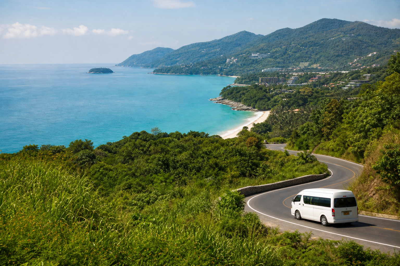Phuket coastal viewpoint with sea and green hills on a private van route
