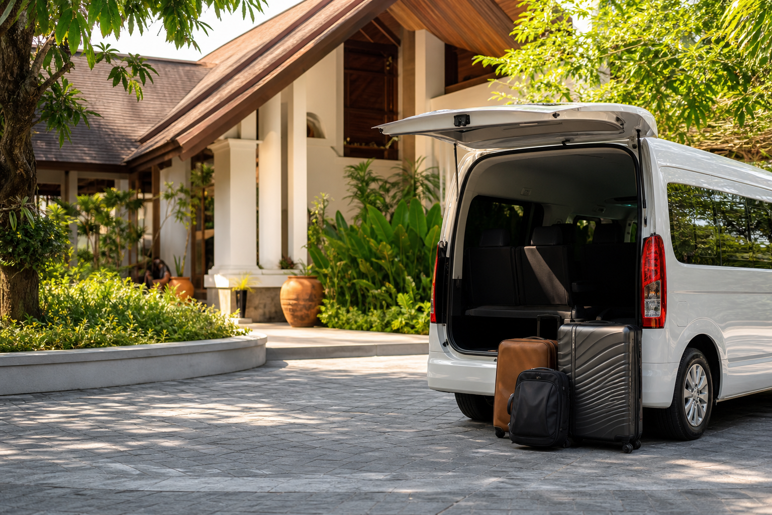 Hotel pickup luggage beside a private van during a Phuket route day