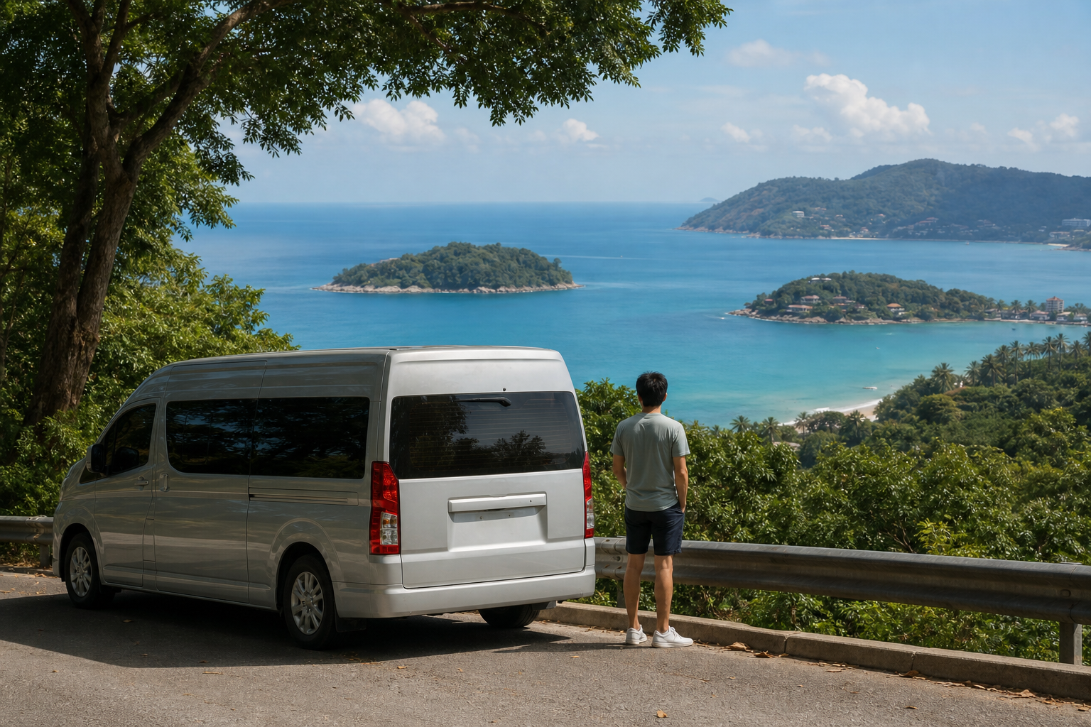 Phuket coastal viewpoint with sea and green hills on a private van route