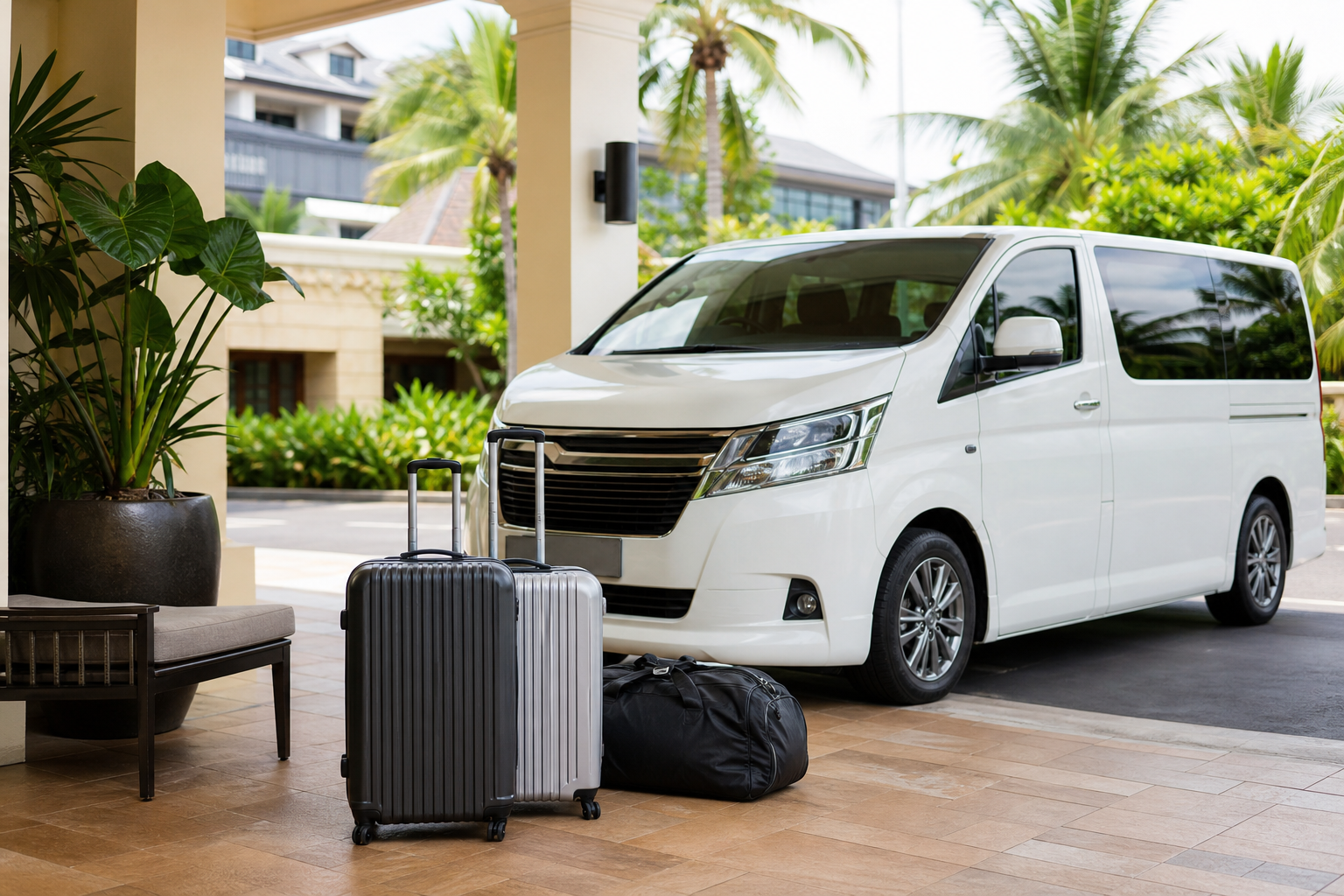 Hotel pickup luggage beside a private van during a Phuket route day