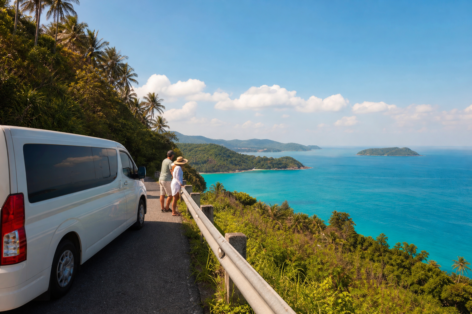 Phuket coastal viewpoint with sea and green hills on a private van route
