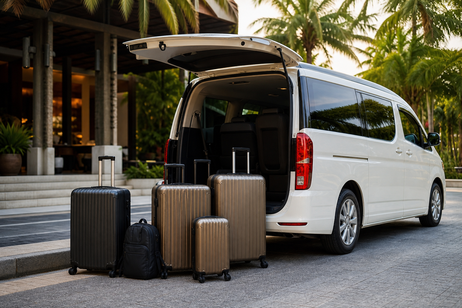 Hotel pickup luggage beside a private van during a Phuket route day