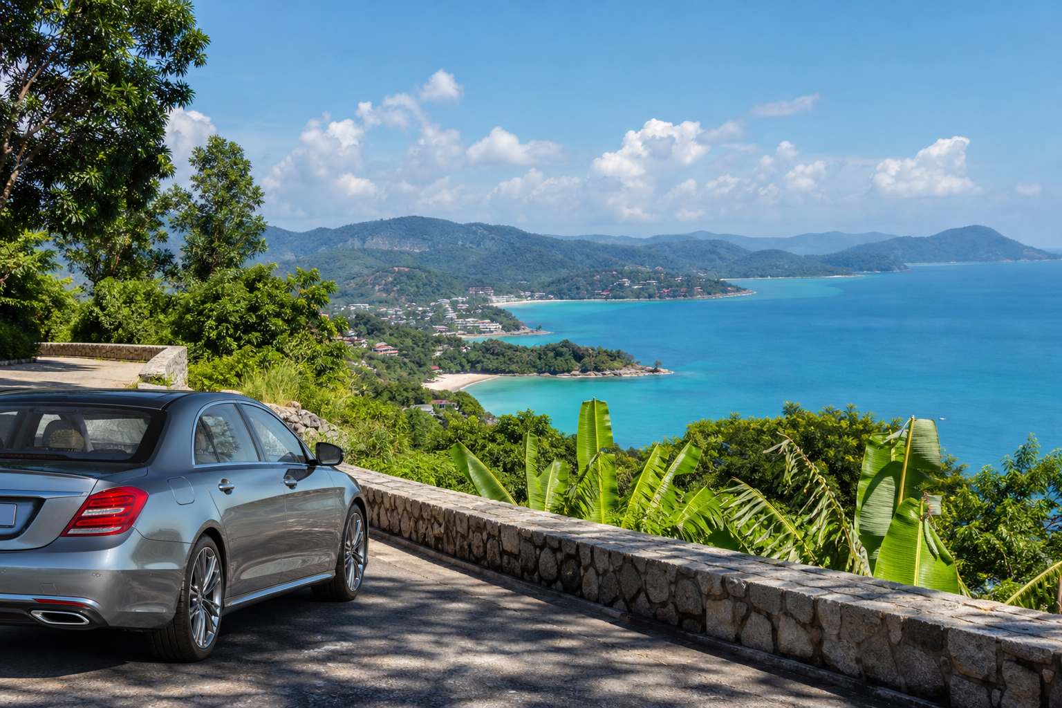 Phuket coastal viewpoint with sea and green hills on a private van route