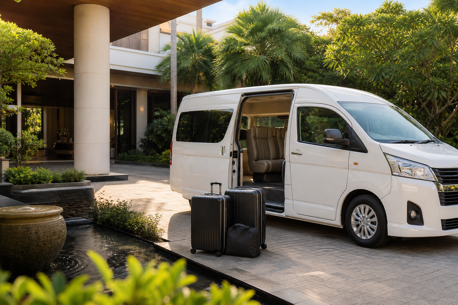 Hotel pickup luggage beside a private van during a Phuket route day