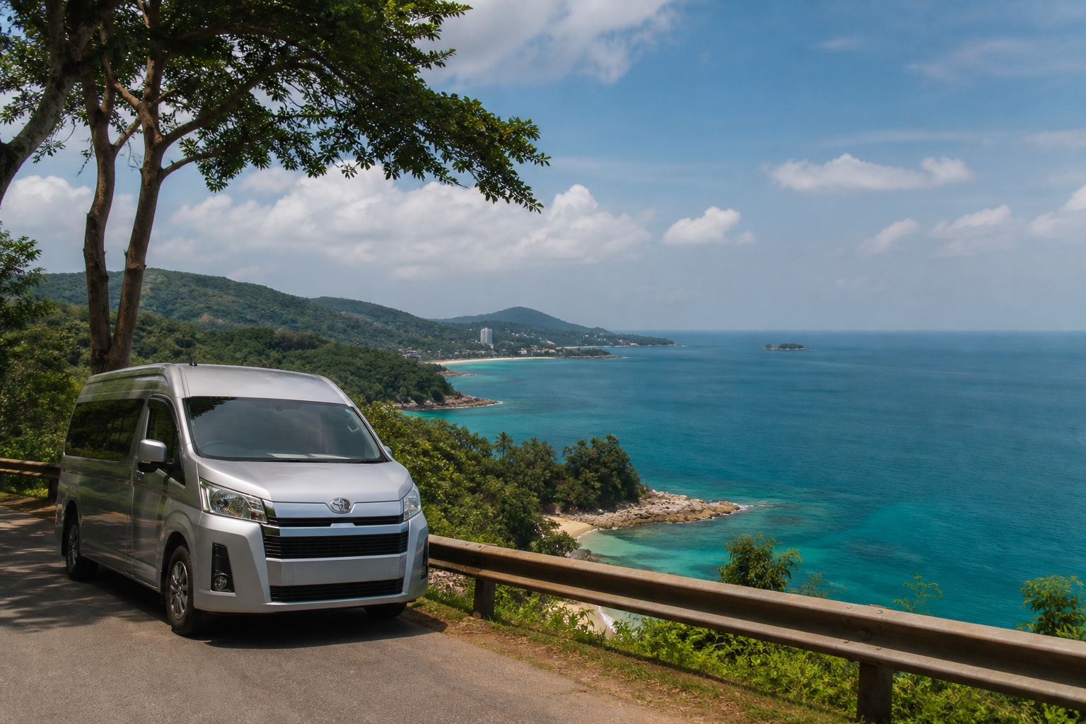 Phuket coastal viewpoint with sea and green hills on a private van route