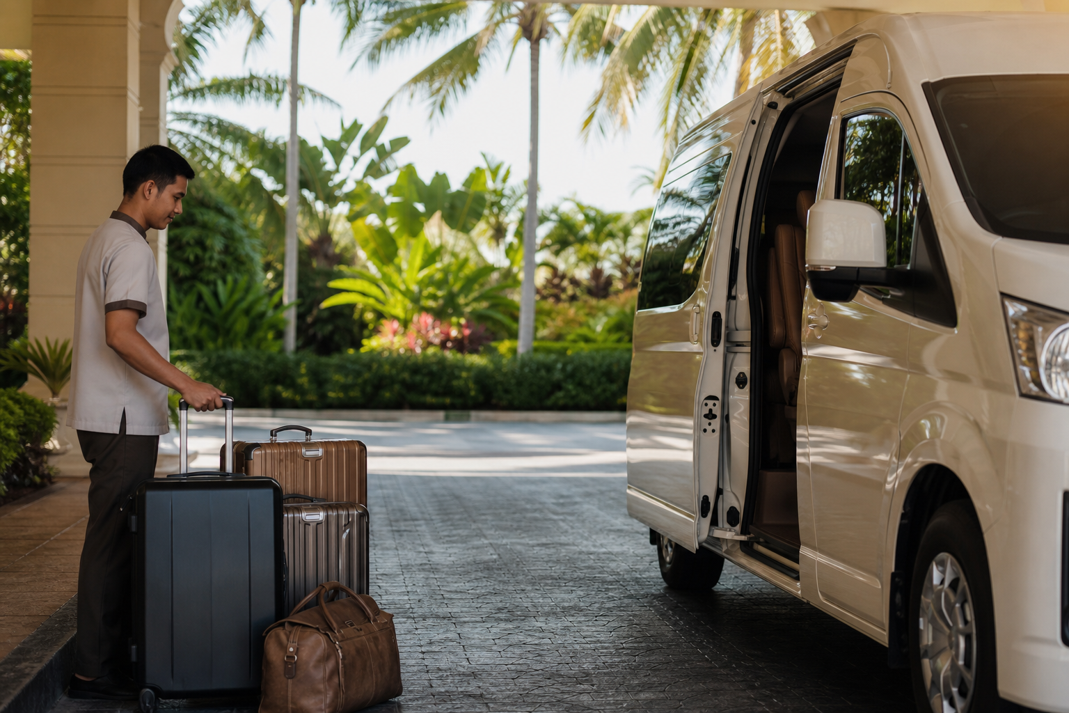 Hotel pickup luggage beside a private van during a Phuket route day