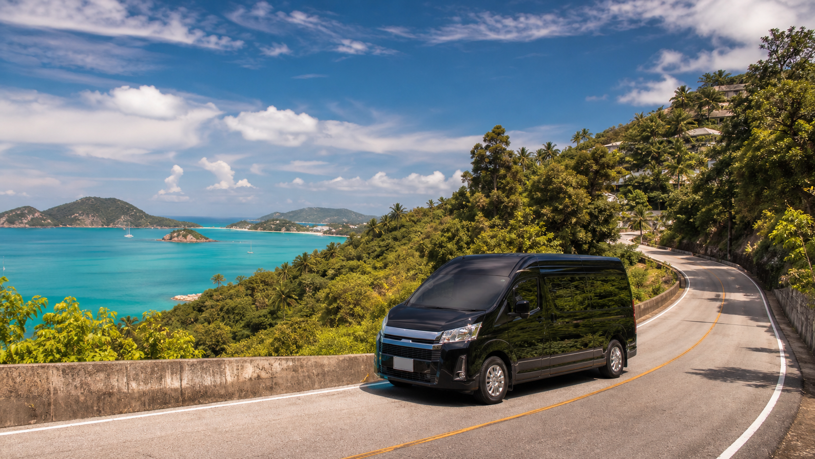 Phuket coastal viewpoint with sea and green hills on a private van route