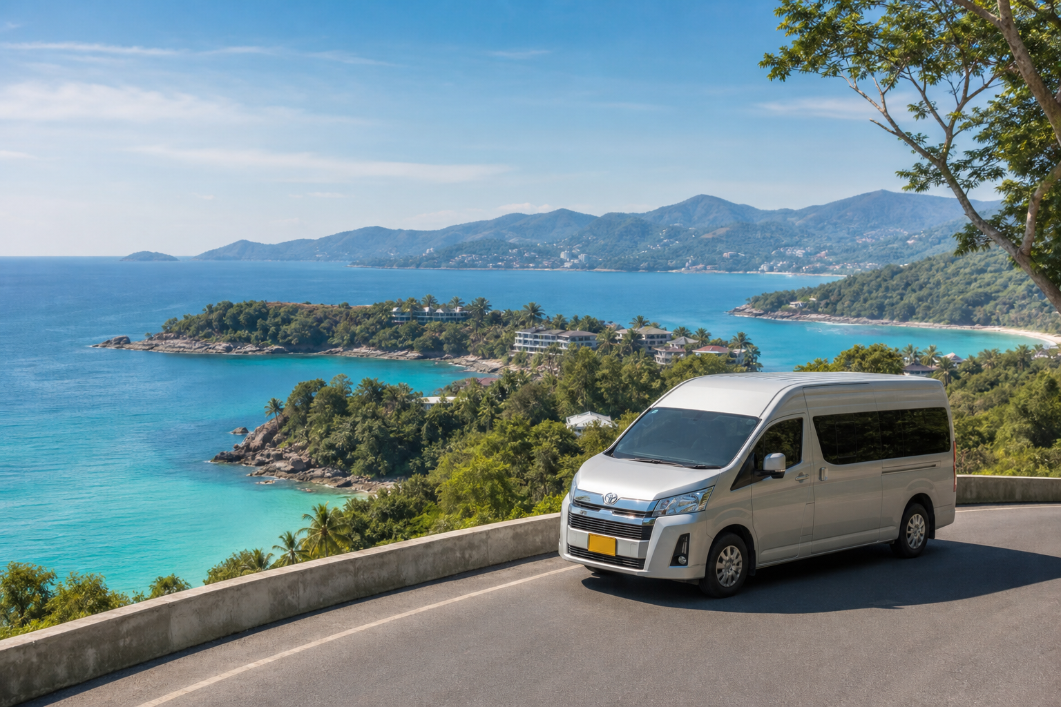 Phuket coastal viewpoint with sea and green hills on a private van route