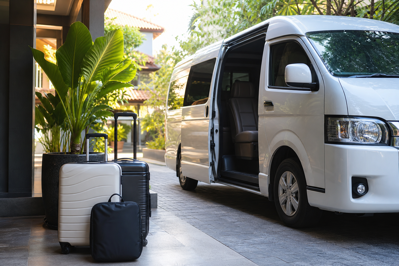 Hotel pickup luggage beside a private van during a Phuket route day