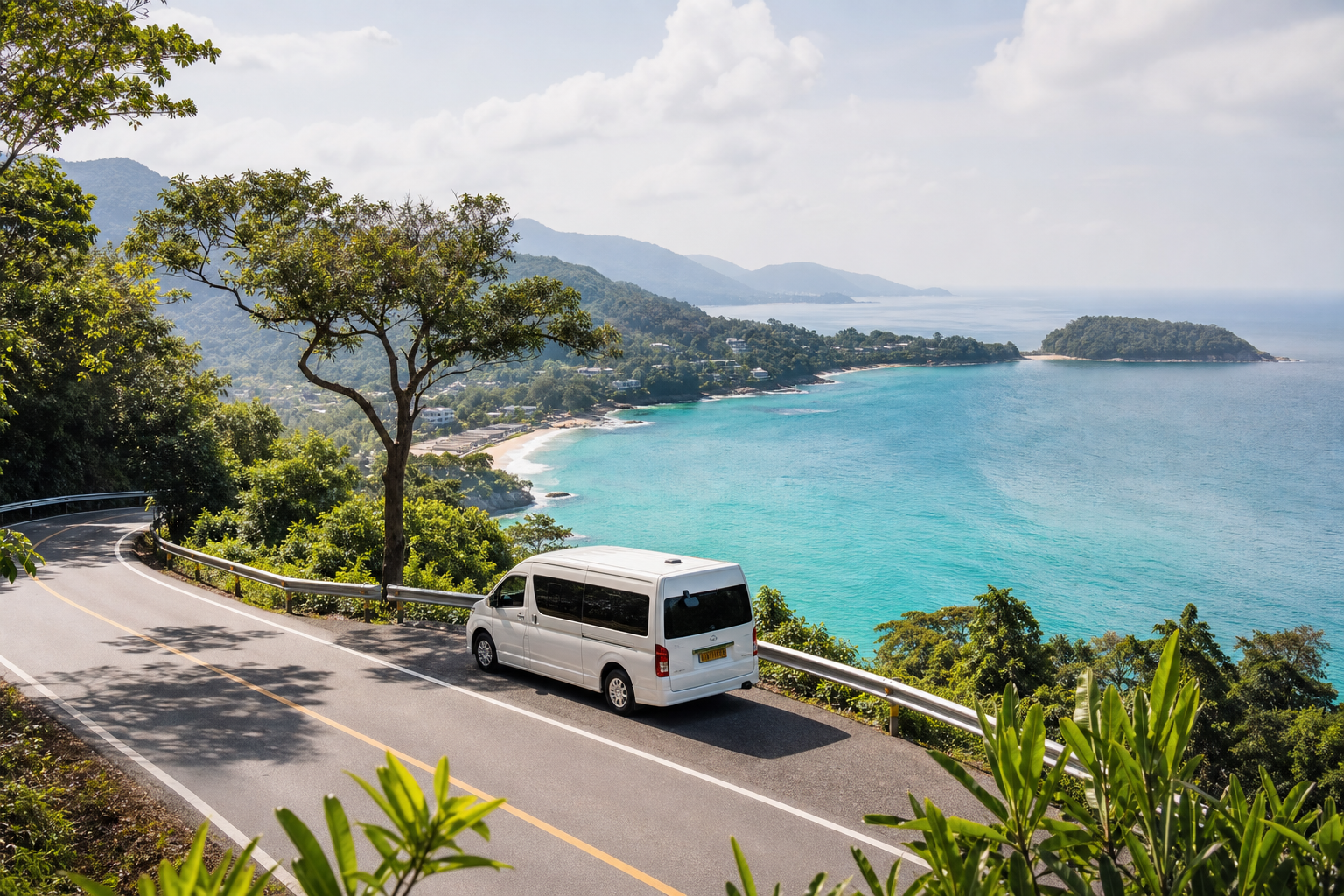 Phuket coastal viewpoint with sea and green hills on a private van route