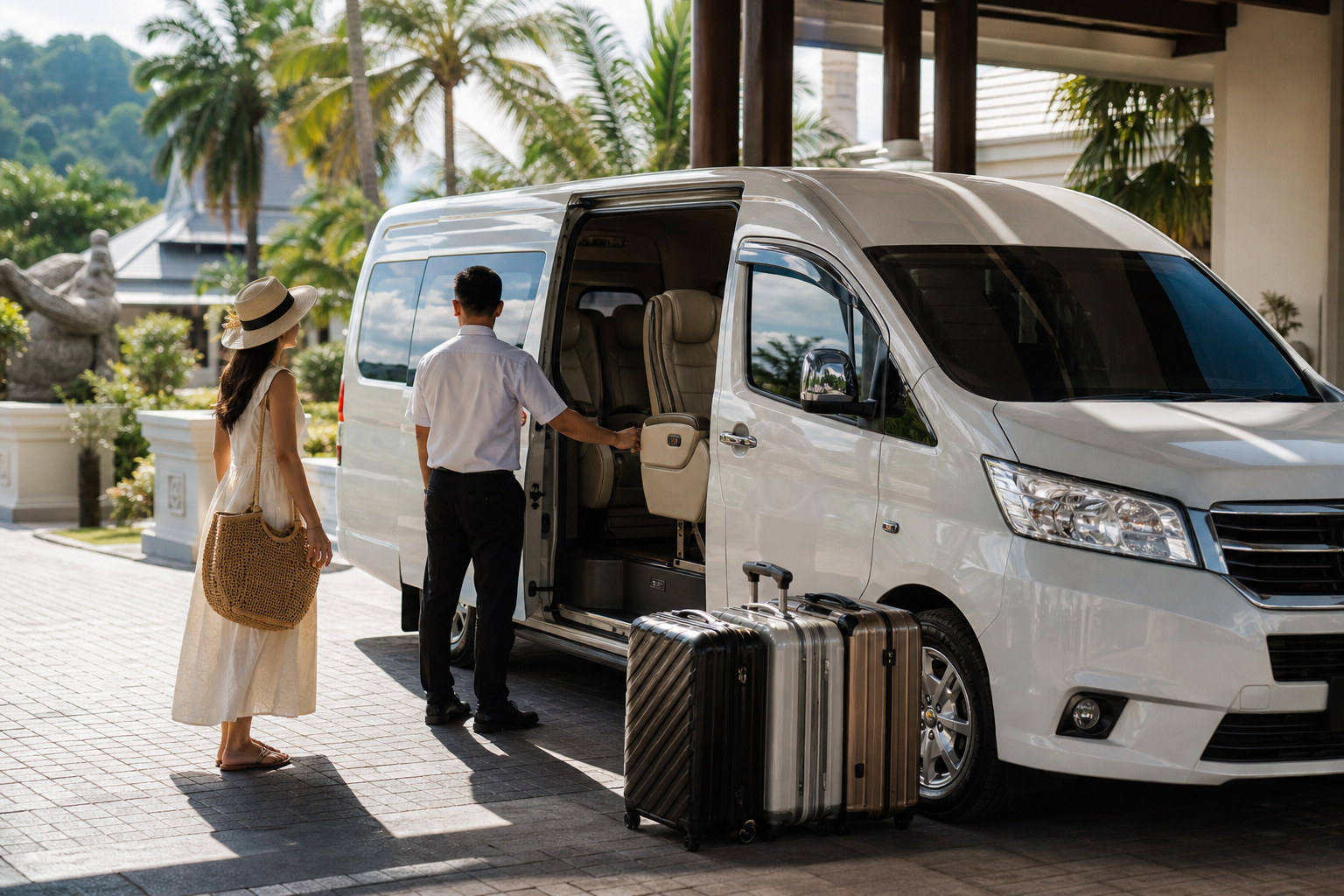 Hotel pickup luggage beside a private van during a Phuket route day