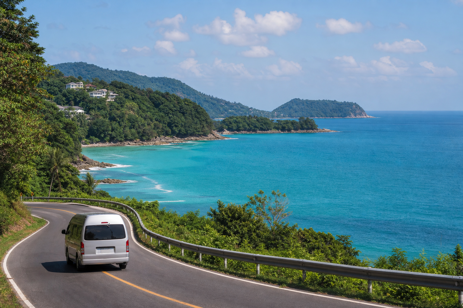 Phuket coastal viewpoint with sea and green hills on a private van route