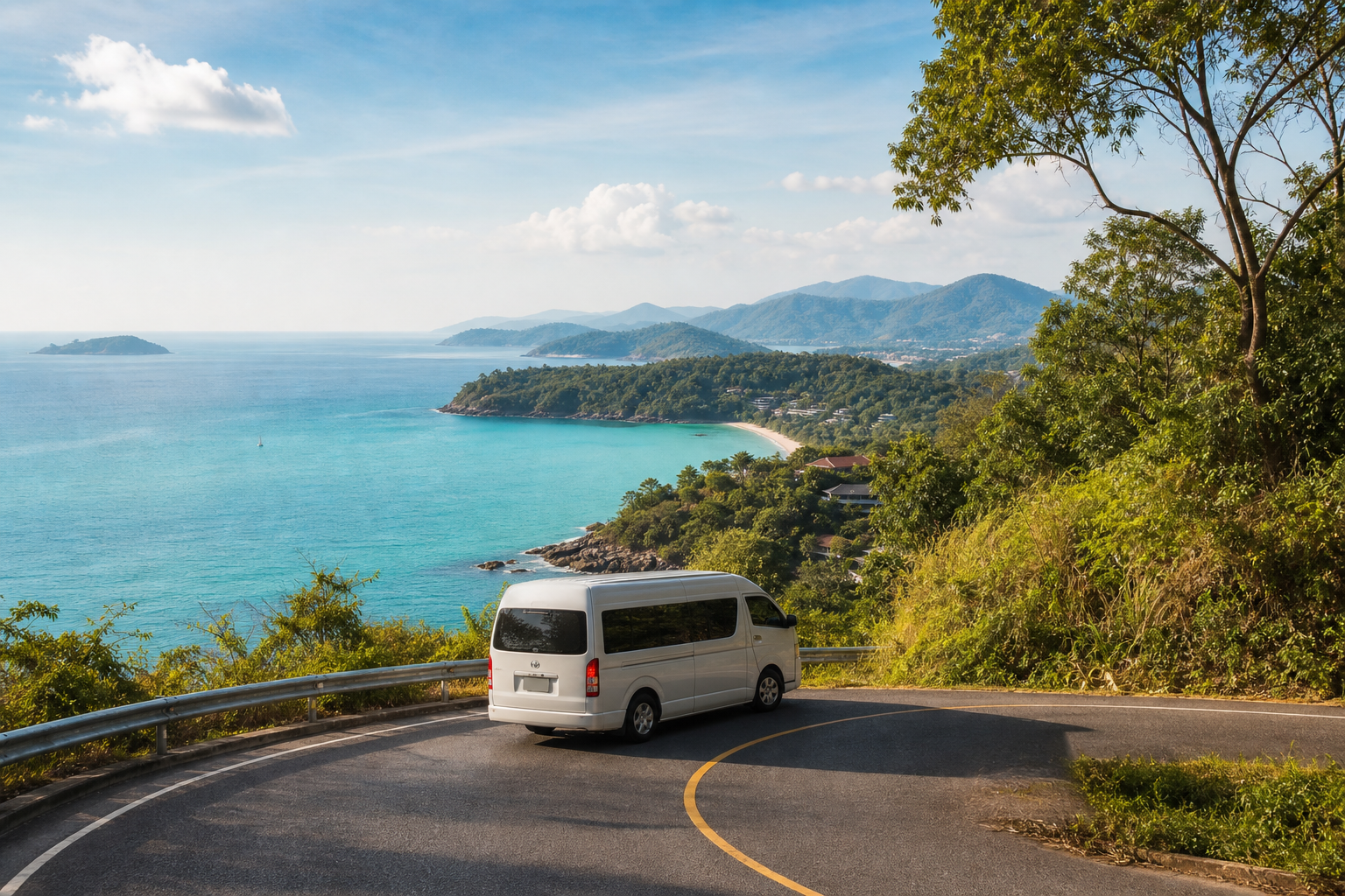 Phuket coastal viewpoint with sea and green hills on a private van route