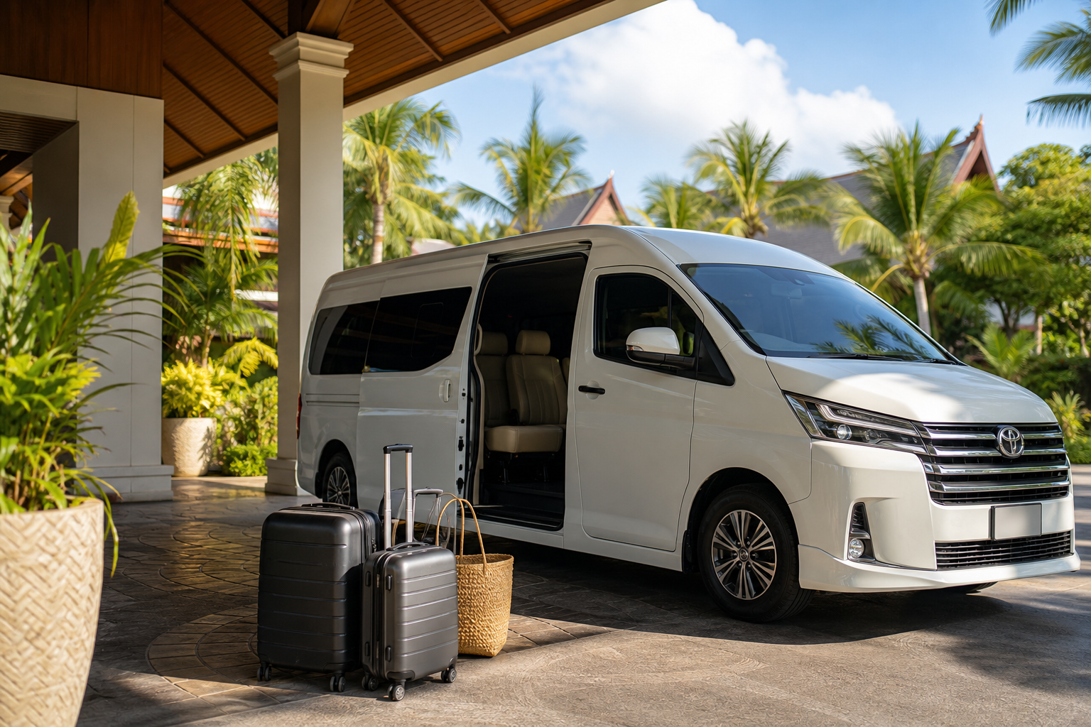 Hotel pickup luggage beside a private van during a Phuket route day