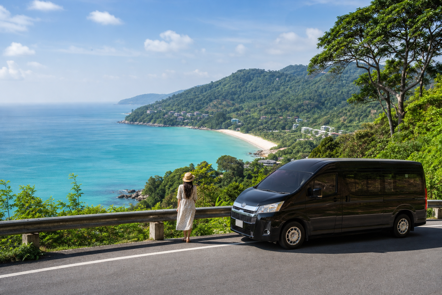 Phuket coastal viewpoint with sea and green hills on a private van route
