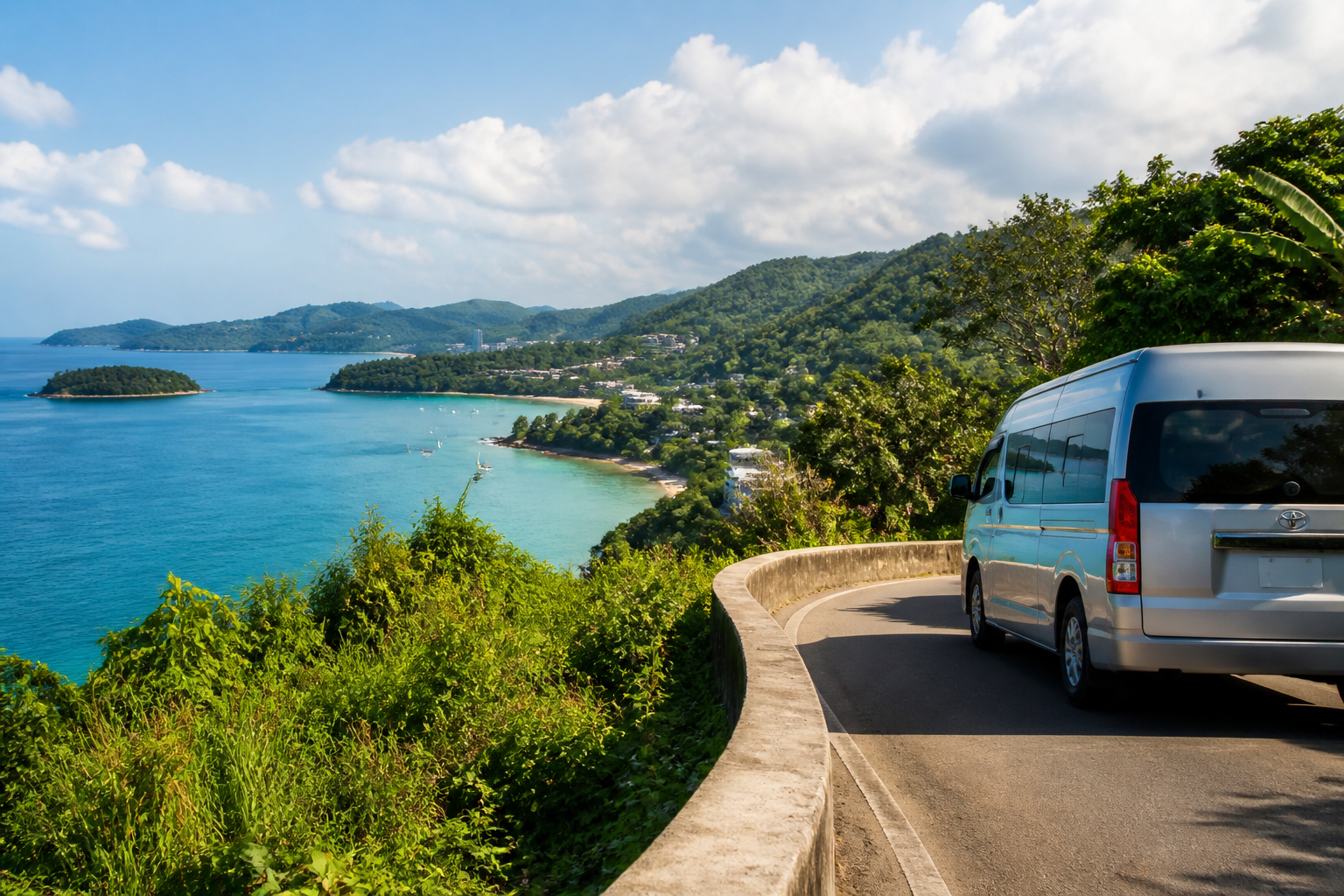 Phuket coastal viewpoint with sea and green hills on a private van route