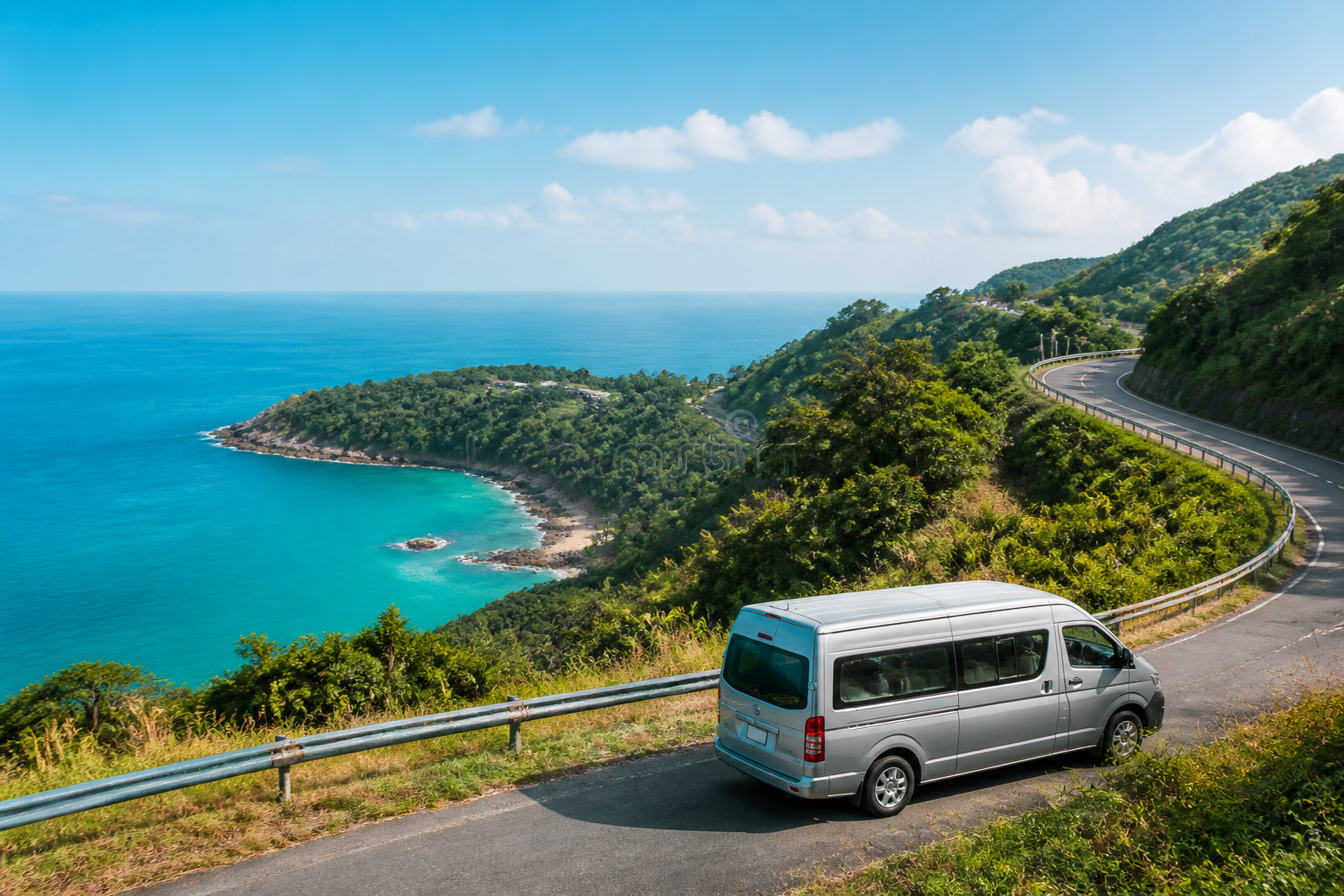 Phuket coastal viewpoint with sea and green hills on a private van route