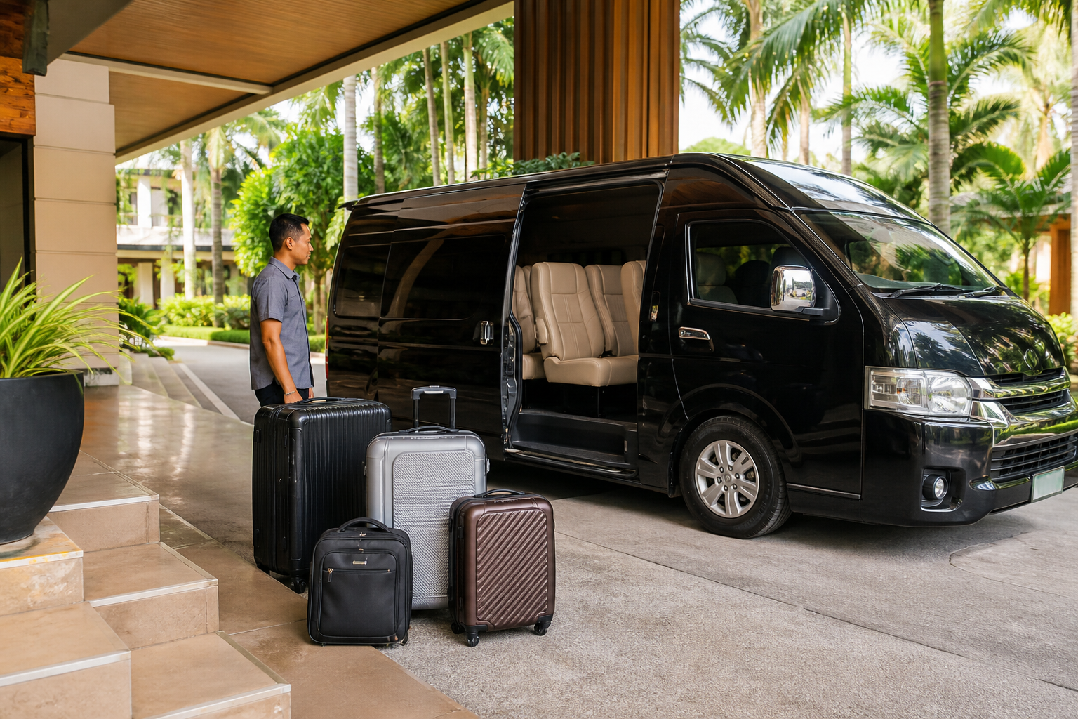 Hotel pickup luggage beside a private van during a Phuket route day