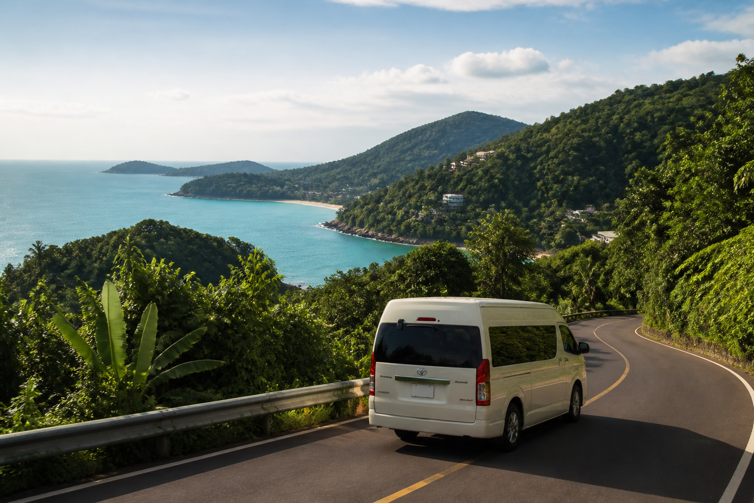 Phuket coastal viewpoint with sea and green hills on a private van route